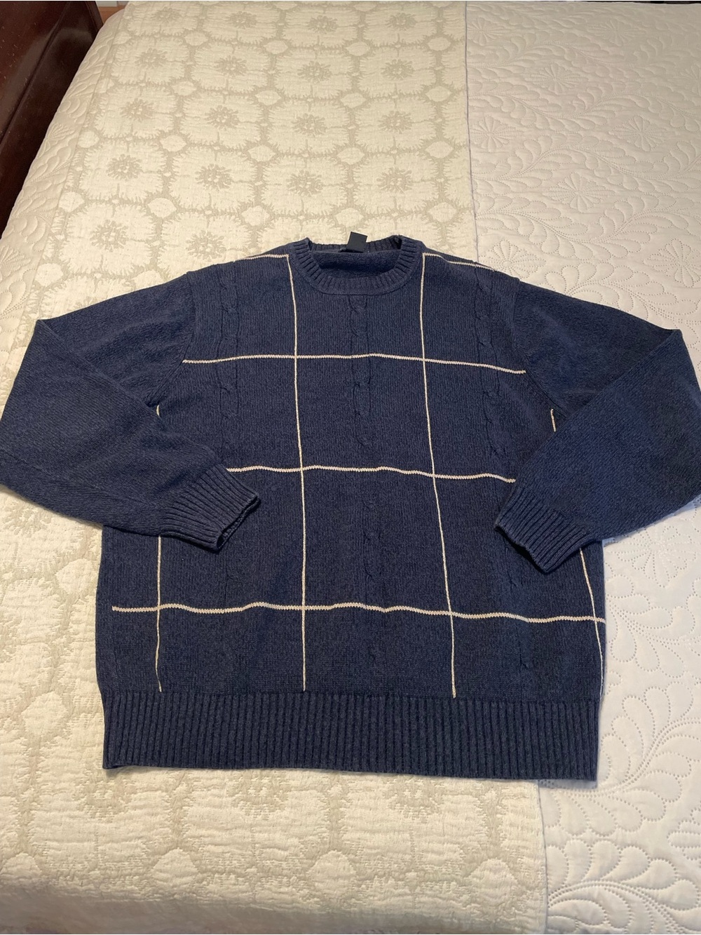 Dockers Navy & White Grid Crewneck Knit Sweater | 100% Cotton